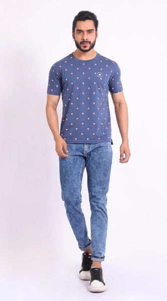 Mayawye Men's Casual Cotton Printed Round Neck Half Sleeve T-Shirt (Blue)