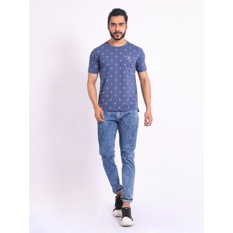 Mayawye Men's Casual Cotton Printed Round Neck Half Sleeve T-Shirt (Blue)