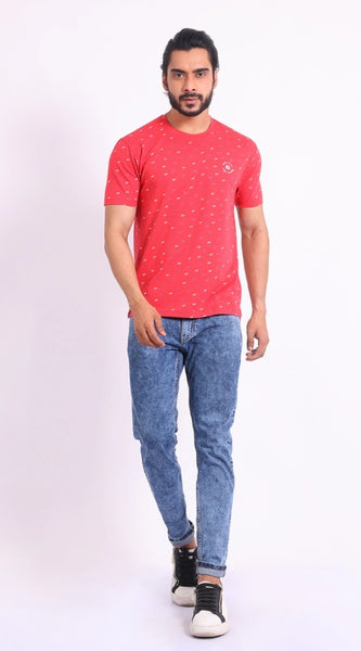 Mayawye Men's Casual Cotton Printed Round Neck Half Sleeve T-Shirt (Red)