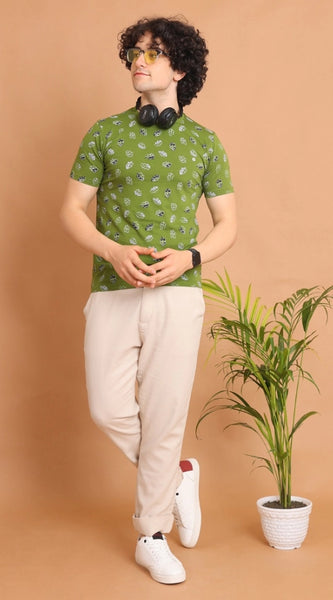 Mayawye Men's Casual Cotton Printed Round Neck Half Sleeve T-Shirt (Green)