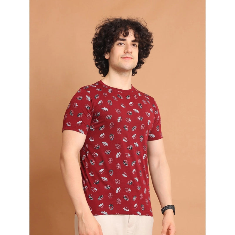 Mayawye Men's Casual Cotton Printed Round Neck Half Sleeve T-Shirt (Maroon)