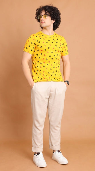 Mayawye Men's Casual Cotton Printed Round Neck Half Sleeve T-Shirt (Yellow)