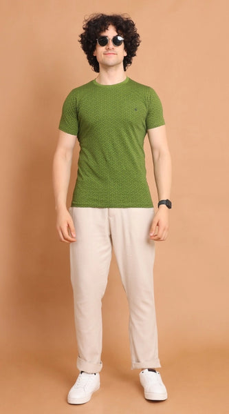 Mayawye Men's Casual Cotton Printed Round Neck Half Sleeve T-Shirt (Green)