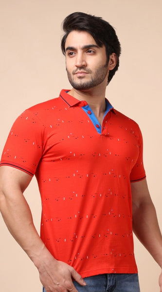 Mayawye Men's Casual Cotton Printed Polo Neck Half Sleeve T-Shirt (Red)
