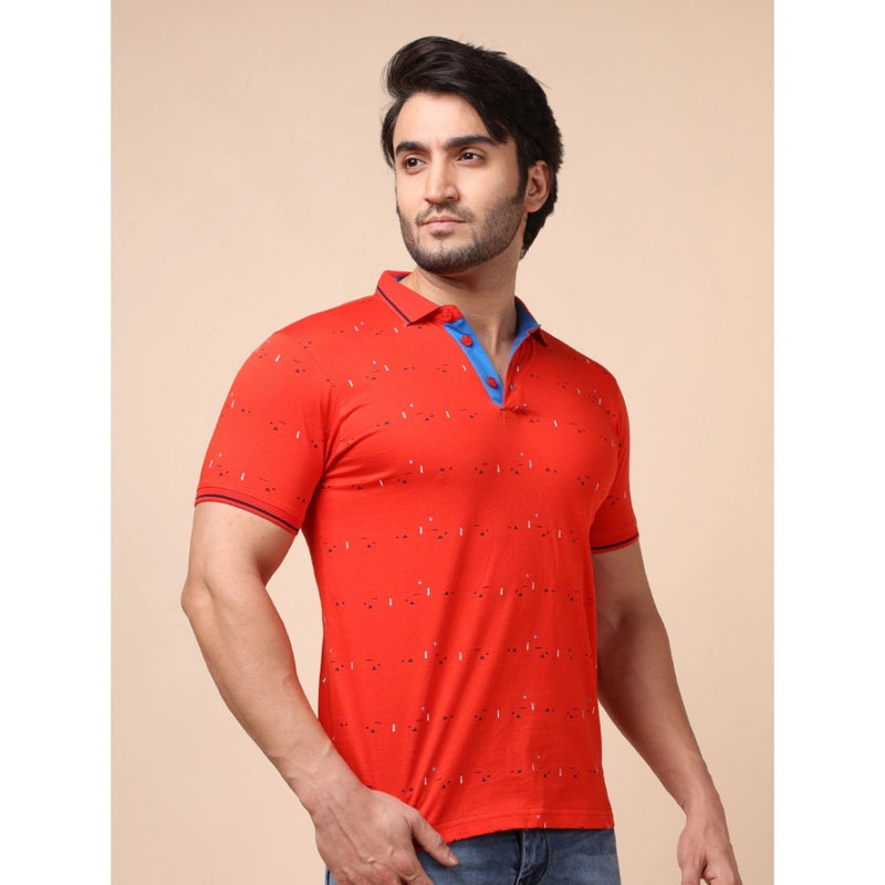Mayawye Men's Casual Cotton Printed Polo Neck Half Sleeve T-Shirt (Red)