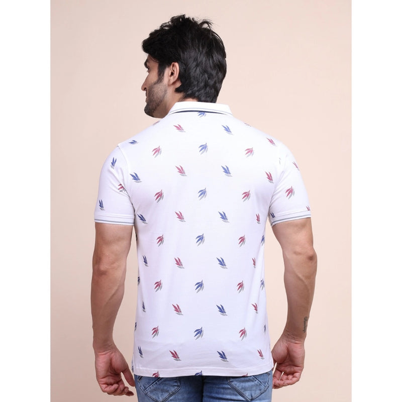 Mayawye Men's Casual Cotton Printed Polo Neck Half Sleeve T-Shirt (White)