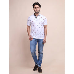 Mayawye Men's Casual Cotton Printed Polo Neck Half Sleeve T-Shirt (White)