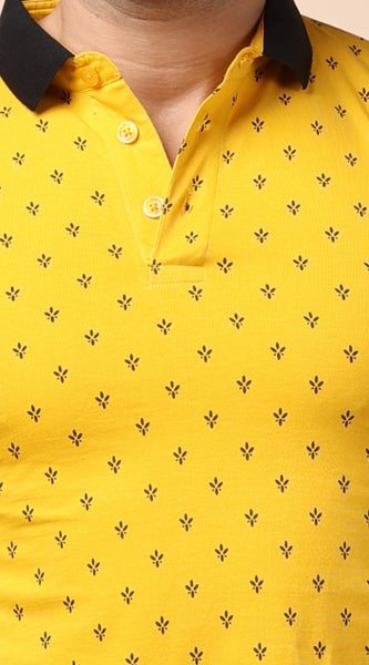 Mayawye Men's Casual Cotton Printed Polo Neck Half Sleeve T-Shirt (Yellow)