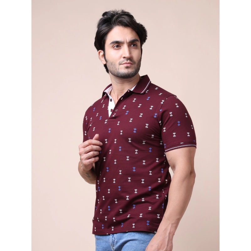 Mayawye Men's Casual Cotton Printed Polo Neck Half Sleeve T-Shirt (Plum)