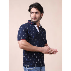 Mayawye Men's Casual Cotton Printed Polo Neck Half Sleeve T-Shirt (Navy)