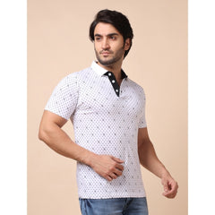 Mayawye Men's Casual Cotton Printed Polo Neck Half Sleeve T-Shirt (White)