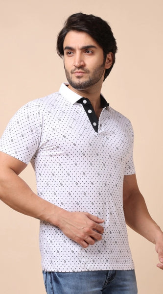 Mayawye Men's Casual Cotton Printed Polo Neck Half Sleeve T-Shirt (White)