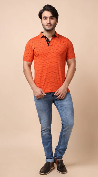 Mayawye Men's Casual Cotton Printed Polo Neck Half Sleeve T-Shirt (Rust)