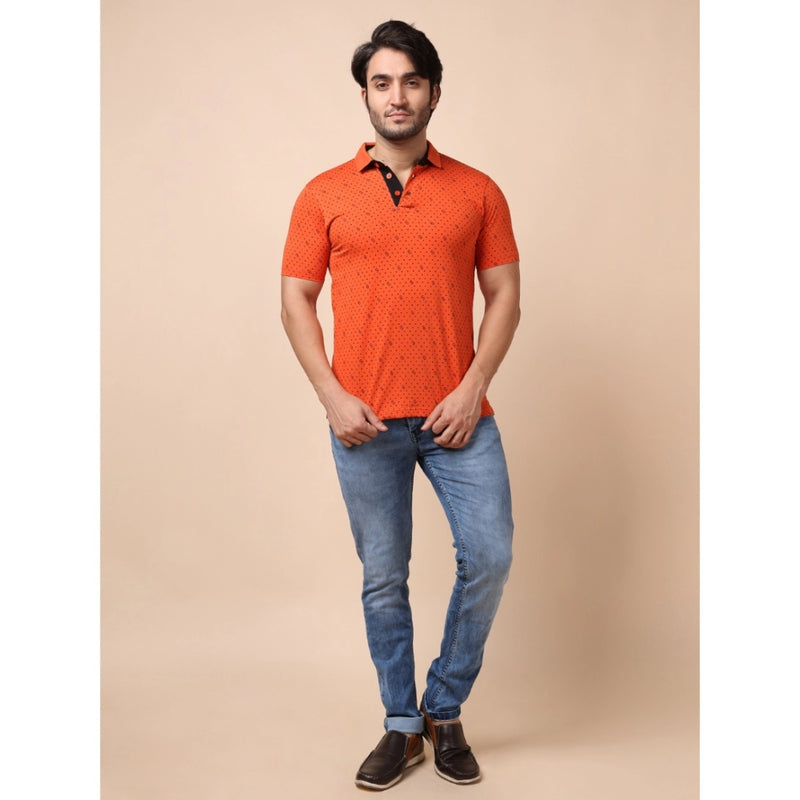 Mayawye Men's Casual Cotton Printed Polo Neck Half Sleeve T-Shirt (Rust)