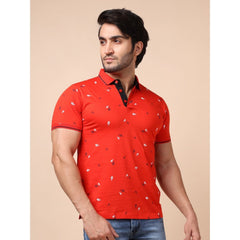 Mayawye Men's Casual Cotton Printed Polo Neck Half Sleeve T-Shirt (Red)