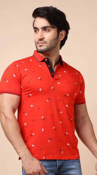 Mayawye Men's Casual Cotton Printed Polo Neck Half Sleeve T-Shirt (Red)