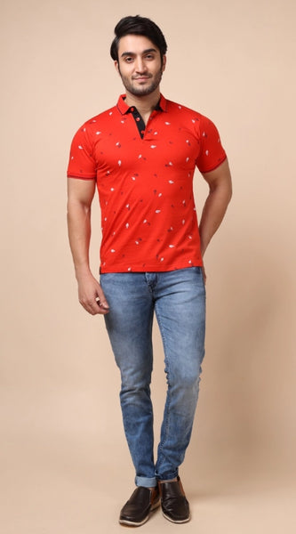 Mayawye Men's Casual Cotton Printed Polo Neck Half Sleeve T-Shirt (Red)