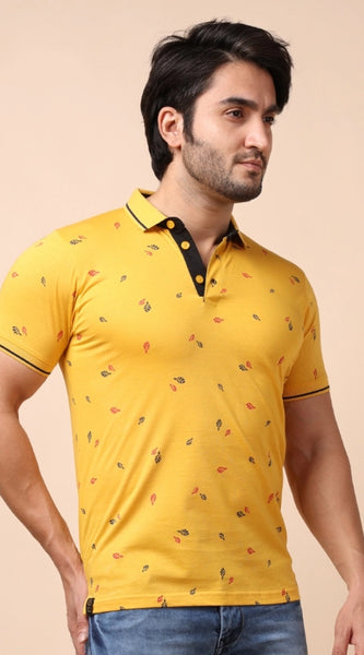 Mayawye Men's Casual Cotton Printed Polo Neck Half Sleeve T-Shirt (Mustard)