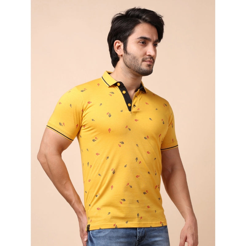 Mayawye Men's Casual Cotton Printed Polo Neck Half Sleeve T-Shirt (Mustard)