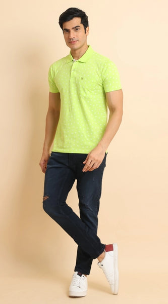 Mayawye Men's Casual Cotton Printed Polo Neck Half Sleeve T-Shirt (Green)