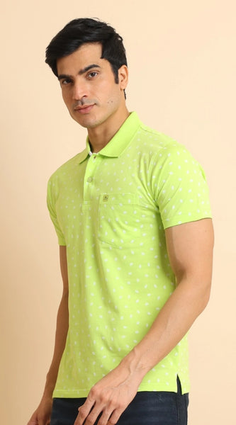 Mayawye Men's Casual Cotton Printed Polo Neck Half Sleeve T-Shirt (Green)