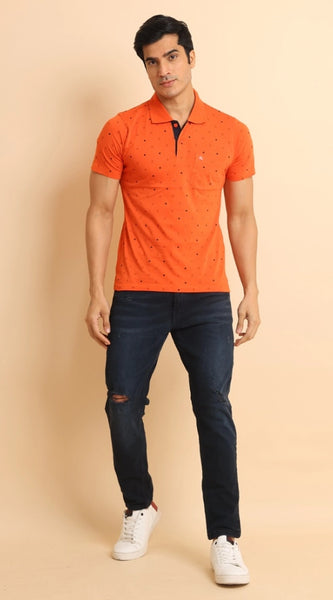 Mayawye Men's Casual Cotton Printed Polo Neck Half Sleeve T-Shirt (Rust)
