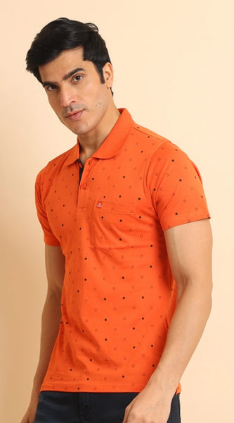 Mayawye Men's Casual Cotton Printed Polo Neck Half Sleeve T-Shirt (Rust)