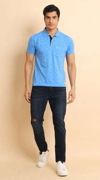 Mayawye Men's Casual Cotton Printed Polo Neck Half Sleeve T-Shirt (Blue)