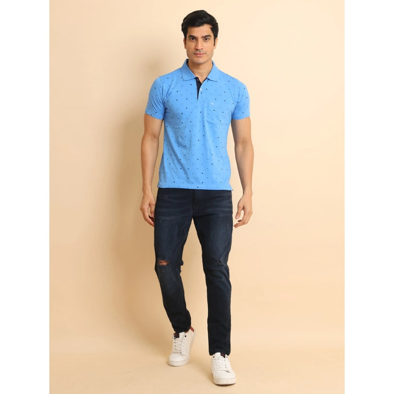 Mayawye Men's Casual Cotton Printed Polo Neck Half Sleeve T-Shirt (Blue)