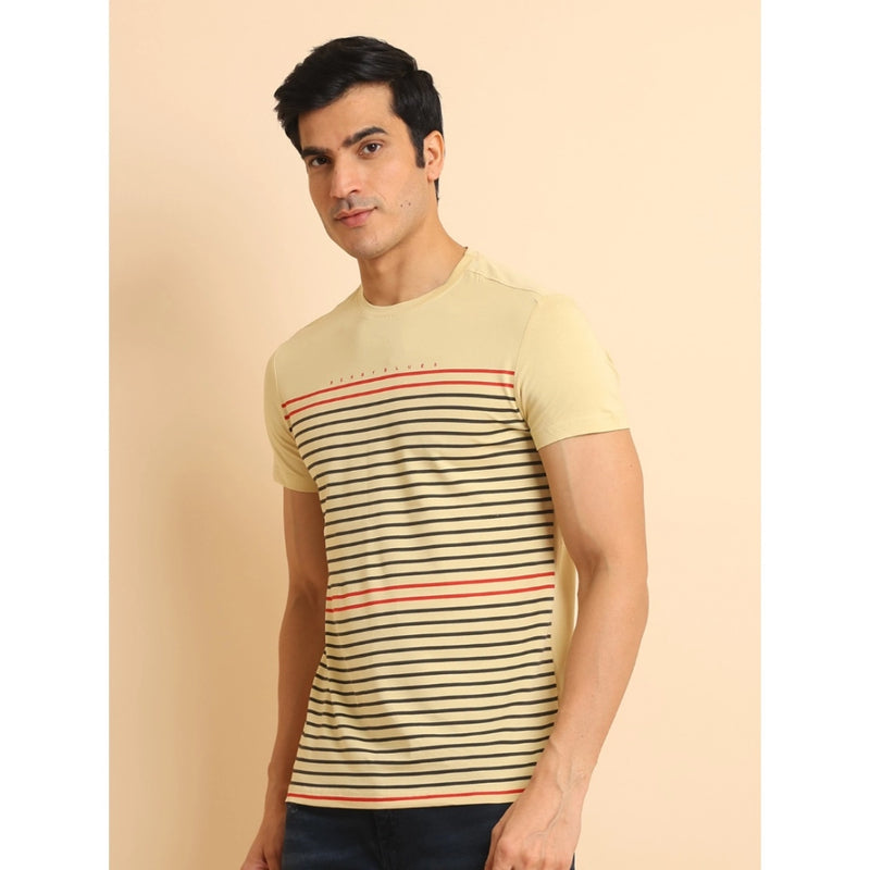 Mayawye Men's Casual Cotton Printed Round Neck Half Sleeve T-Shirt (Beige)