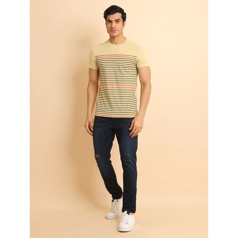 Mayawye Men's Casual Cotton Printed Round Neck Half Sleeve T-Shirt (Beige)