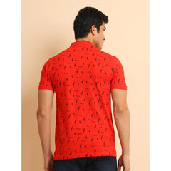 Mayawye Men's Casual Cotton Printed Mandarin Collar Half Sleeve T-Shirt (Red)