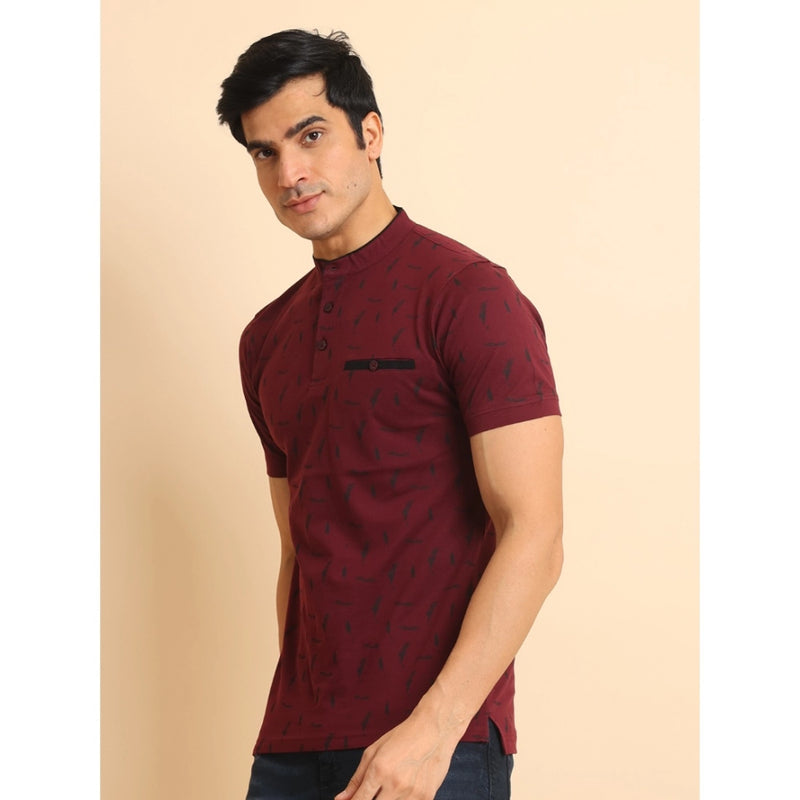 Mayawye Men's Casual Cotton Printed Mandarin Collar Half Sleeve T-Shirt (Plum)