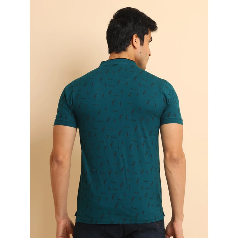 Mayawye Men's Casual Cotton Printed Mandarin Collar Half Sleeve T-Shirt (Green)
