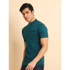 Mayawye Men's Casual Cotton Printed Mandarin Collar Half Sleeve T-Shirt (Green)