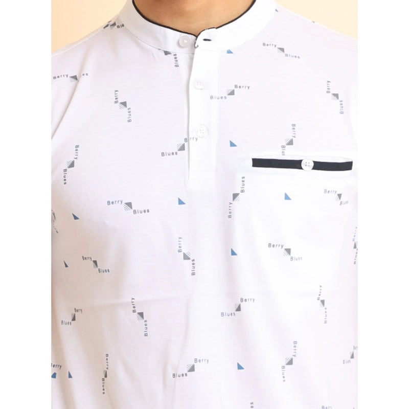 Mayawye Men's Casual Cotton Printed Mandarin Collar Half Sleeve T-Shirt (White)