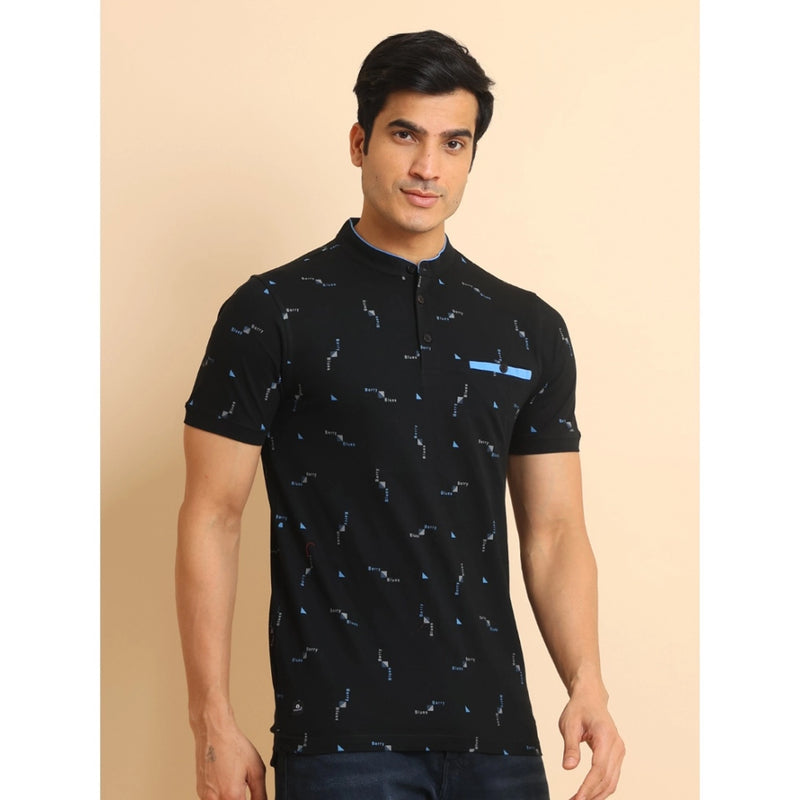 Mayawye Men's Casual Cotton Printed Mandarin Collar Half Sleeve T-Shirt (Navy)
