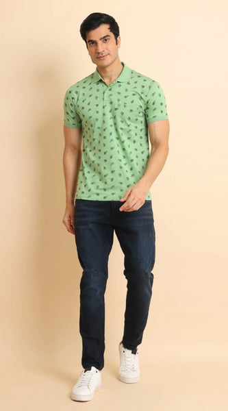 Mayawye Men's Casual Cotton Printed Polo Neck Half Sleeve T-Shirt (Light Green)