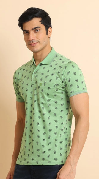 Mayawye Men's Casual Cotton Printed Polo Neck Half Sleeve T-Shirt (Light Green)