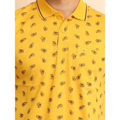 Mayawye Men's Casual Cotton Printed Polo Neck Half Sleeve T-Shirt (Mustard)