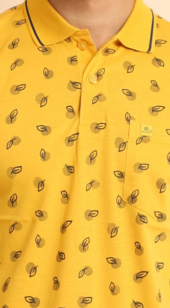 Mayawye Men's Casual Cotton Printed Polo Neck Half Sleeve T-Shirt (Mustard)