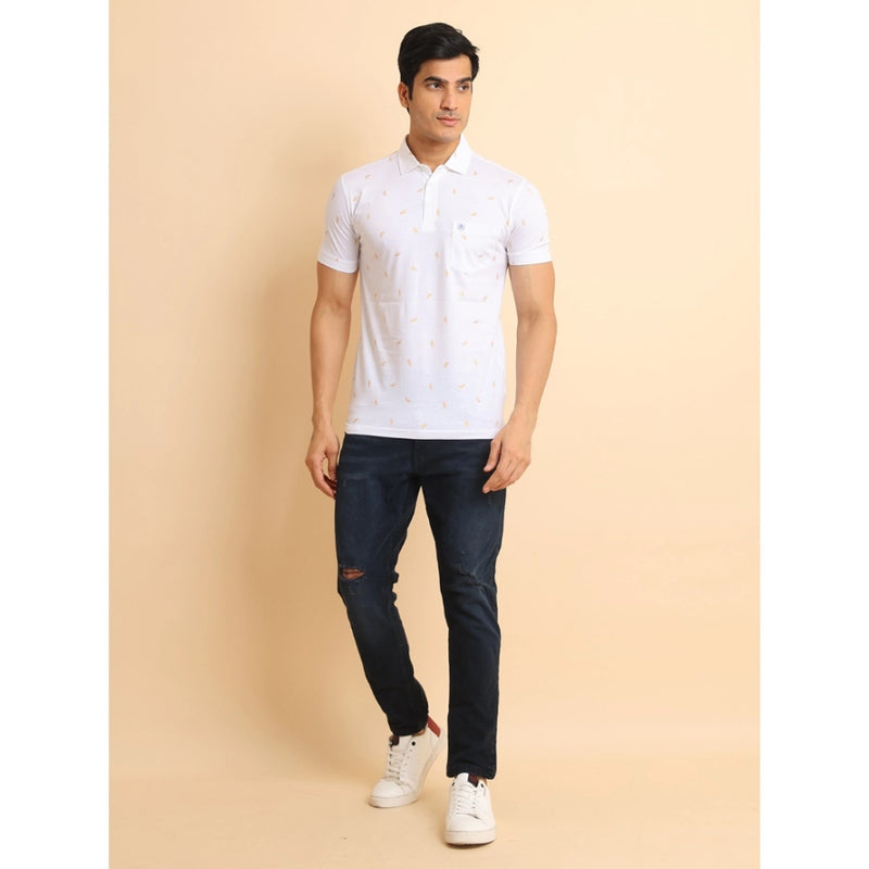 Mayawye Men's Casual Cotton Printed Polo Neck Half Sleeve T-Shirt (White)
