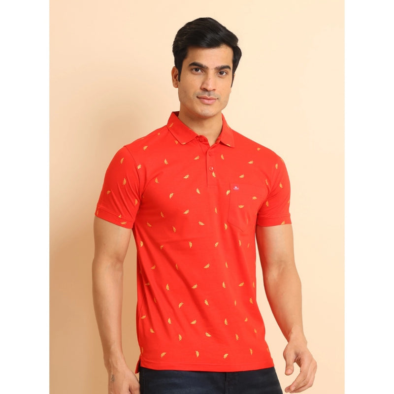 Mayawye Men's Casual Cotton Printed Polo Neck Half Sleeve T-Shirt (Red)