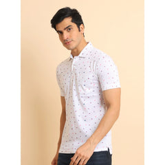 Mayawye Men's Casual Cotton Printed Polo Neck Half Sleeve T-Shirt (White)