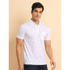 Mayawye Men's Casual Cotton Printed Polo Neck Half Sleeve T-Shirt (White)