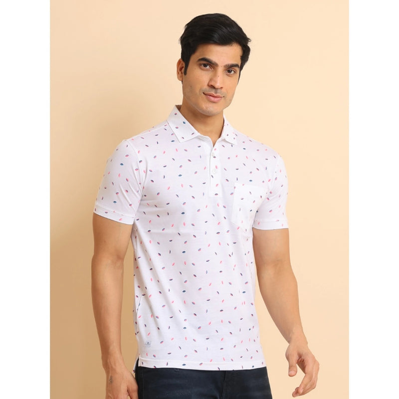 Mayawye Men's Casual Cotton Printed Polo Neck Half Sleeve T-Shirt (White)