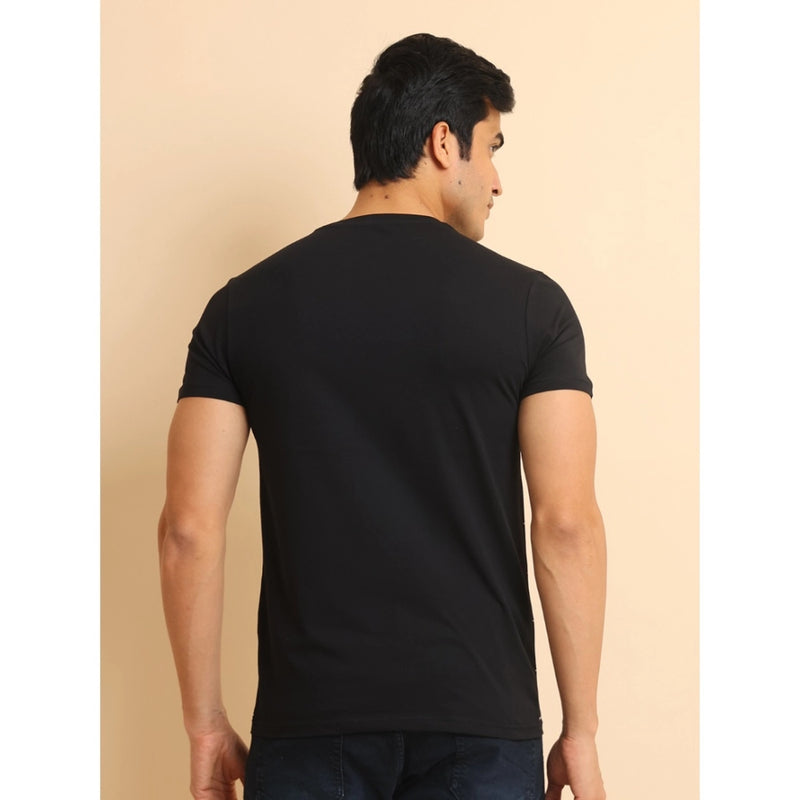 Mayawye Men's Casual Cotton Printed Round Neck Half Sleeve T-Shirt (Black)