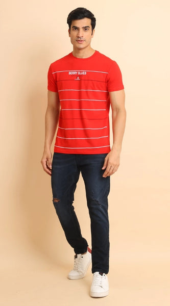 Mayawye Men's Casual Cotton Printed Round Neck Half Sleeve T-Shirt (Red)