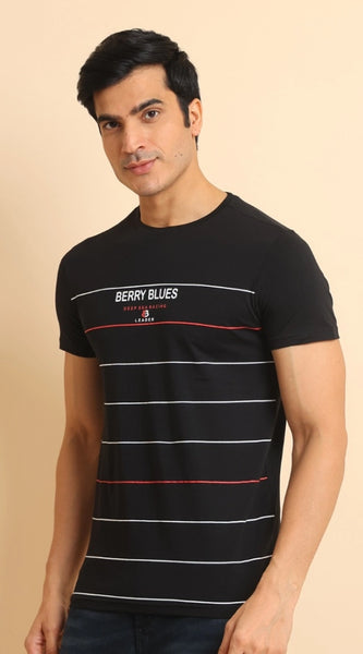 Mayawye Men's Casual Cotton Printed Round Neck Half Sleeve T-Shirt (Black)