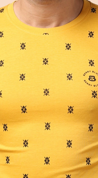 Mayawye Men's Casual Cotton Printed Round Neck Full Sleeve T-Shirt (Mustard)